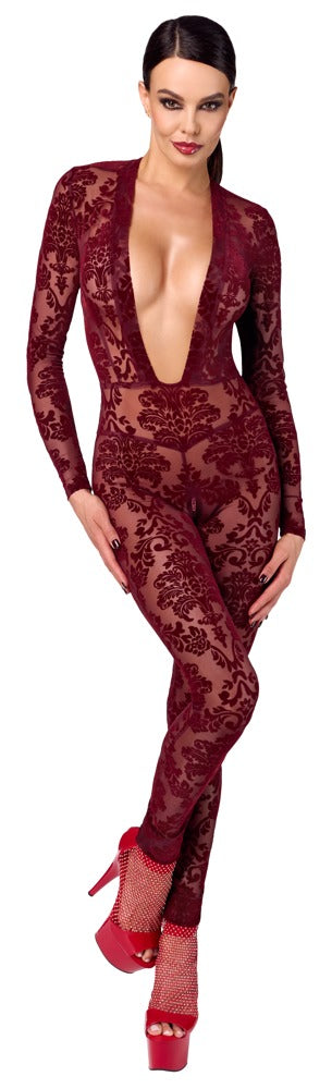 Langærmet transparent catsuit med dyb udskæring og diskret lynlås