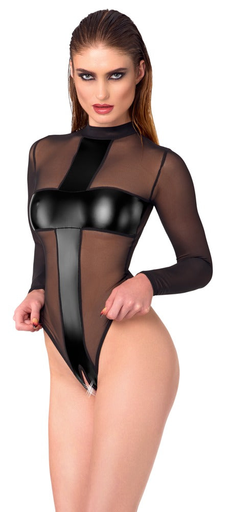 Transparent Noir Handmade body med krydsende wetlook-detaljer