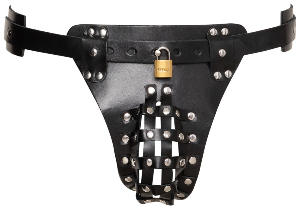 Leather chastity thong til dominans, kontrolleg og fetish styling