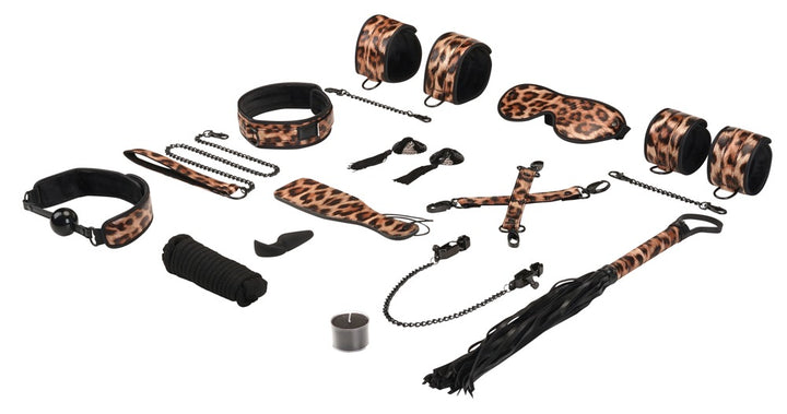 Leopard BDSM kit med håndmanchetter, ankelmanchetter og halsbånd med line