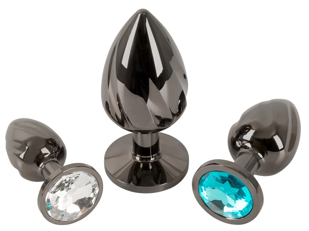 3-delt metal butt plug sæt med spiralriller og dekorative sten