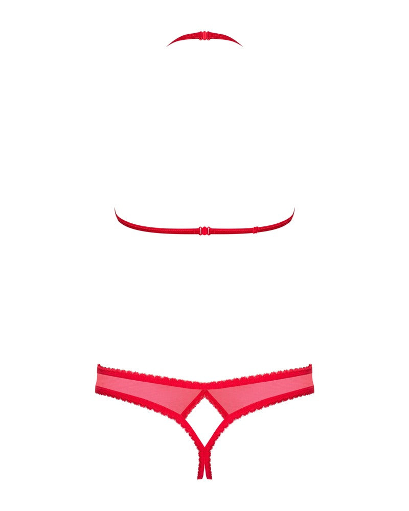 Rød crotchless string med dekorative smykkedetaljer