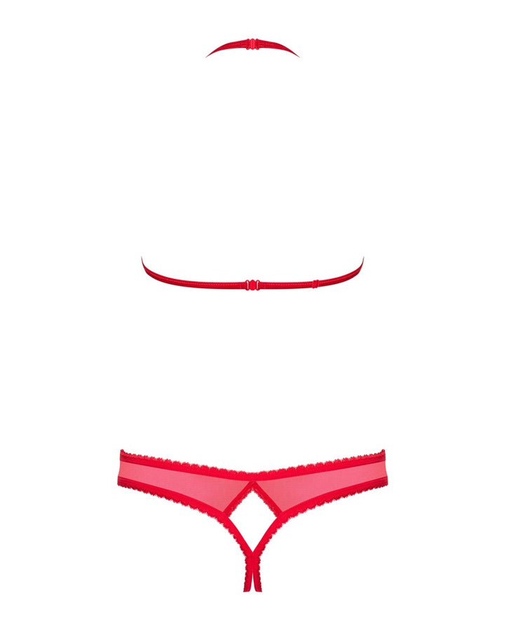 Rød crotchless string med dekorative smykkedetaljer