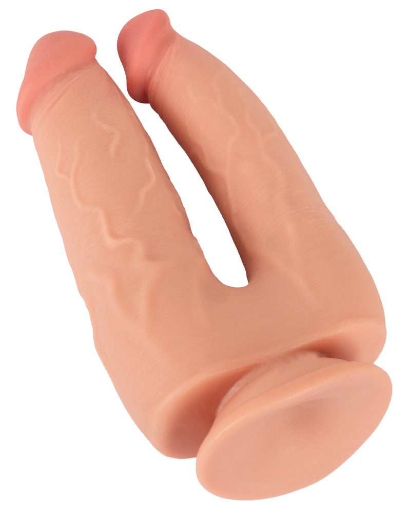 Håndfri dobbeltdildo med sugekop og naturtro tekstur