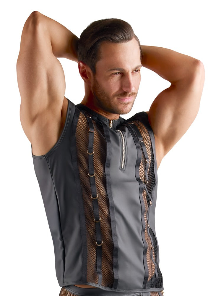 Ærmeløs netshirt med wetlook-paneler og transparent mesh