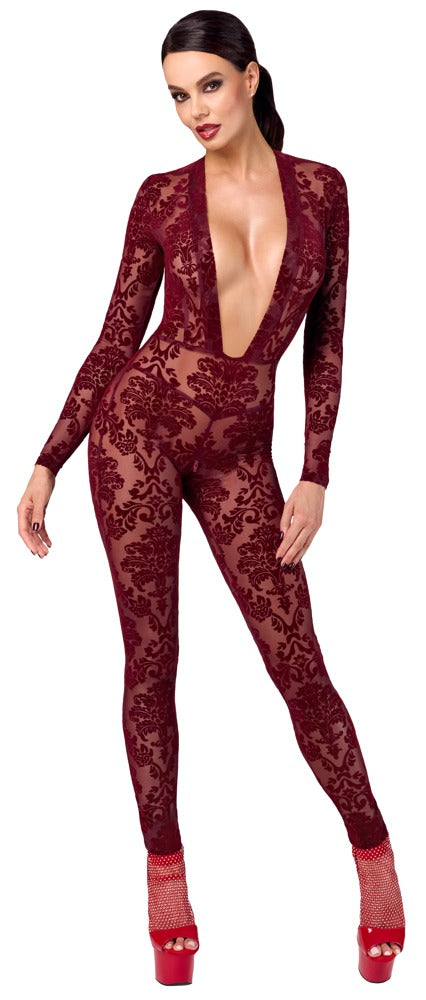 Noir Handmade Kink Royal Catsuit i bourgogne med velvet flock-print