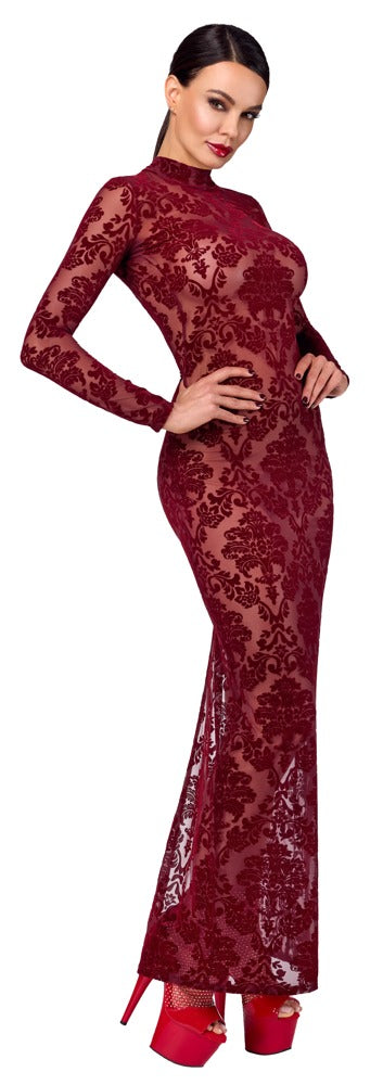 Noir Handmade Kink Royal lang kjole i bourgogne med velvet flock-print
