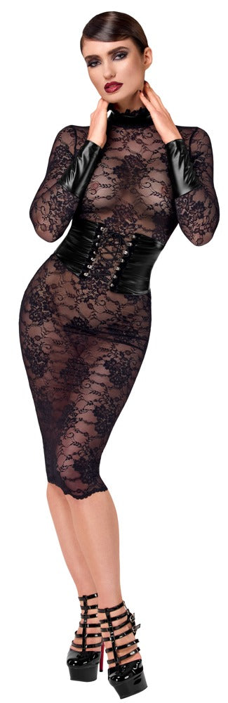 Noir Handmade Lace Corset Midi Kjole i sort blonde