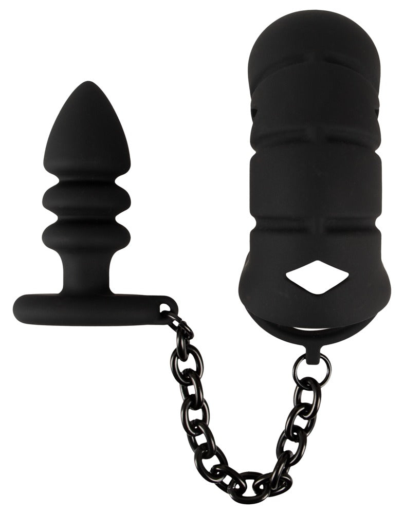 Sort cock cage med metalkæde og riflet anal plug