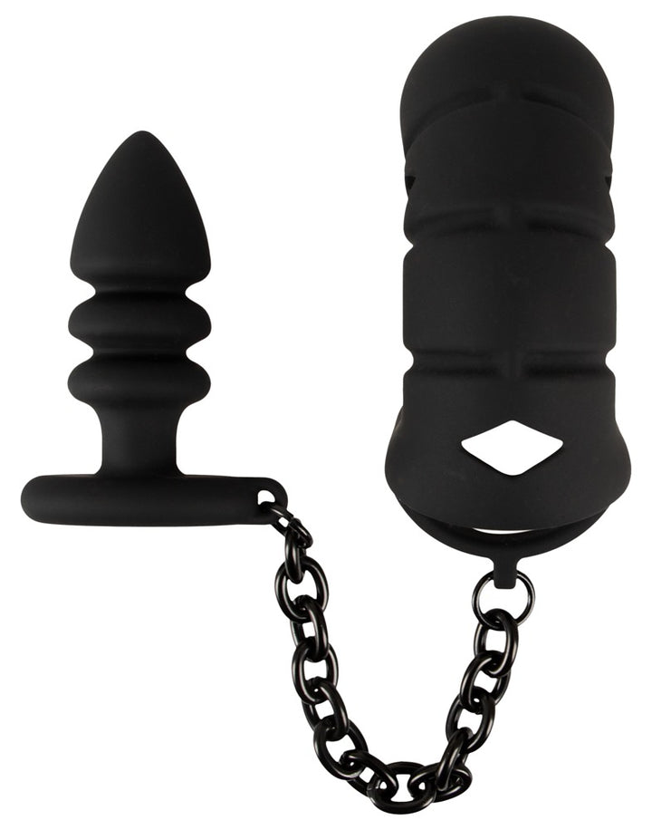 Sort cock cage med metalkæde og riflet anal plug