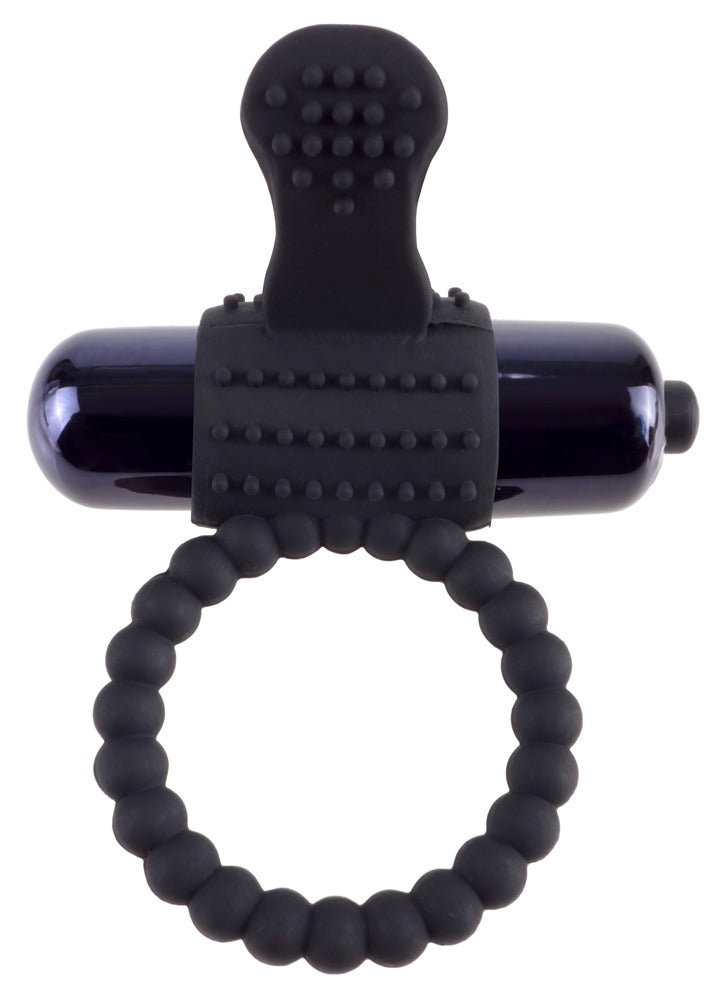 Sort penisring med klitorisstimulator og stimulerende dots