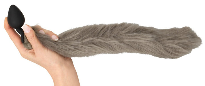 Pet play butt plug med bred stopper og grå hale