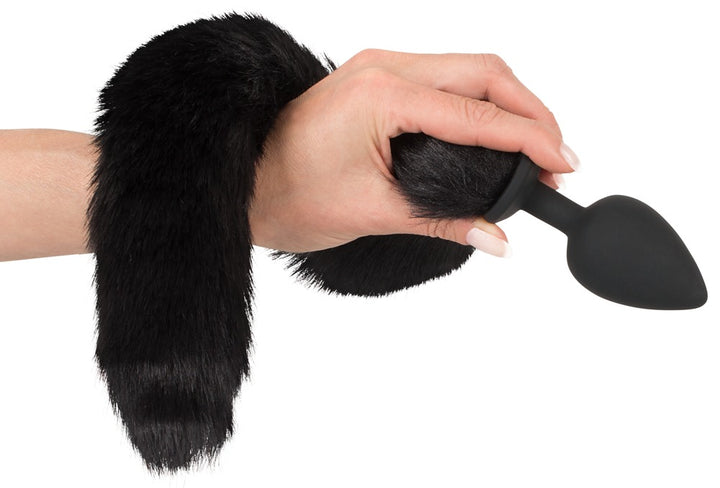 Pet play sæt med sort hale og lyserøde katteører