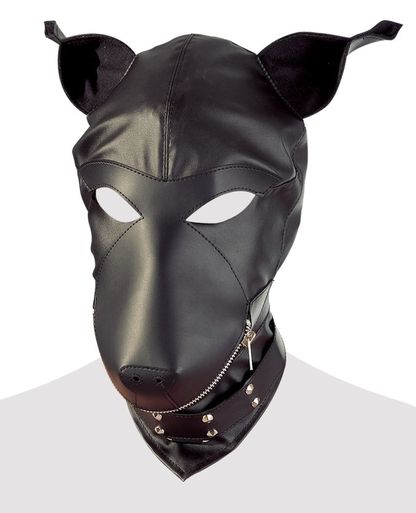 Sort puppy play hood med snørelukning og metalring