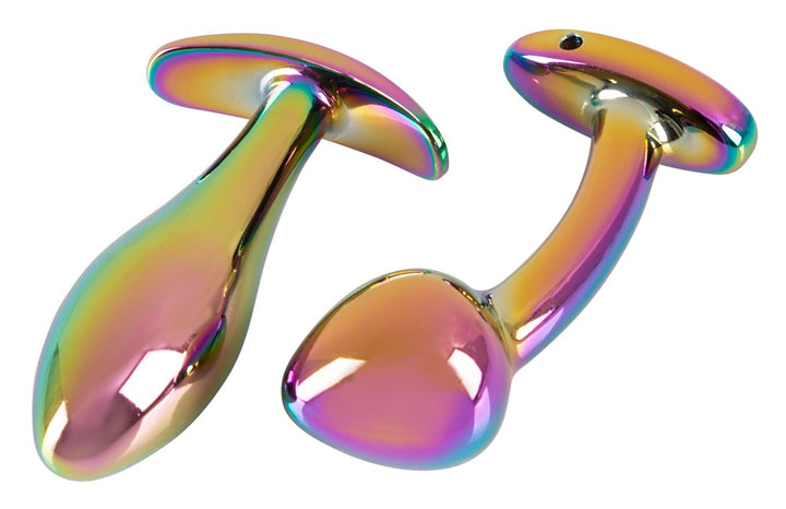 Metal butt plug sæt i regnbuefinish med blå gemstone