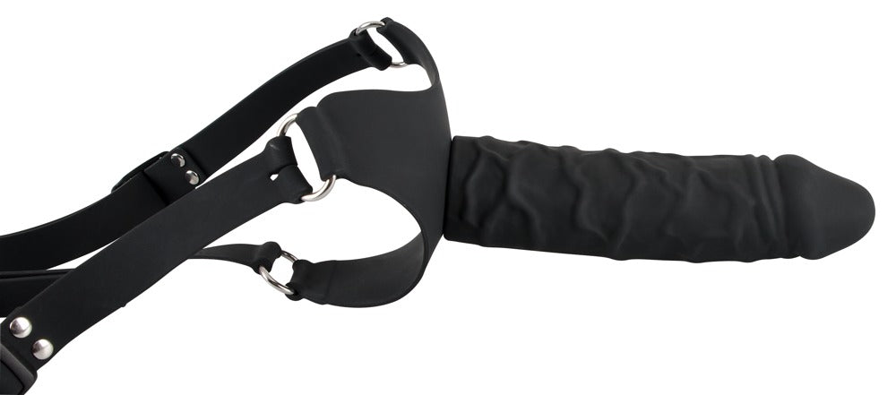 Realistisk sort strap-on dildo med markerede årer og glans