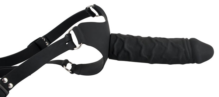 Realistisk sort strap-on dildo med markerede årer og glans