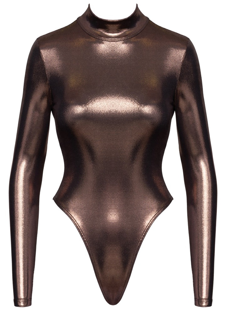 Cottelli body med skinnende rose gold look og praktisk skridtlukning