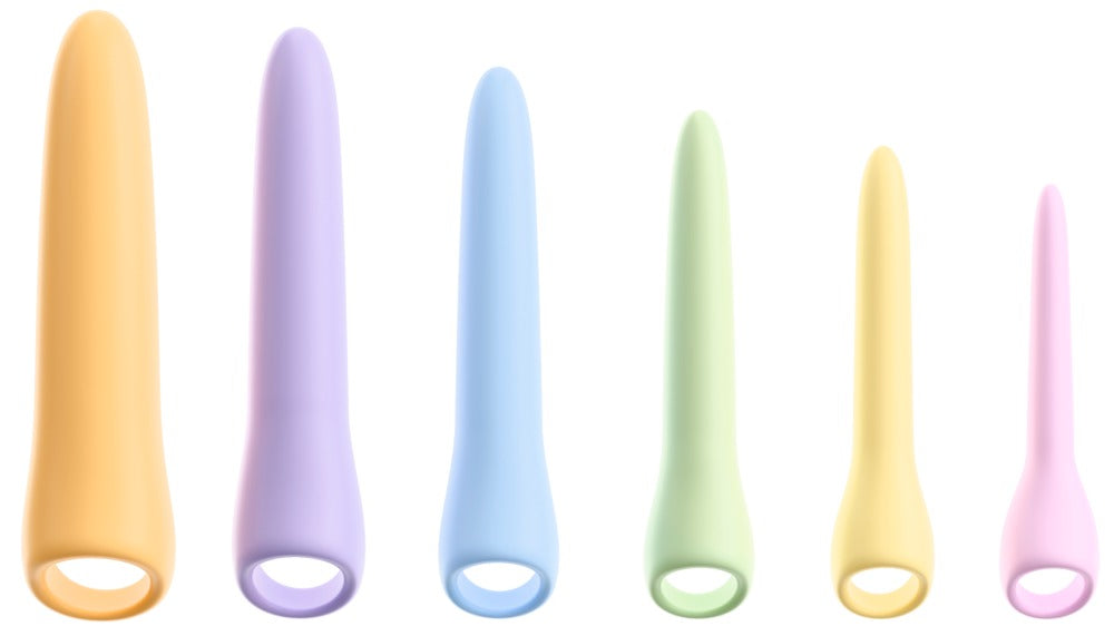 6-delt dildo set i silikone og PU til gradvis vaginal og anal tilvænning