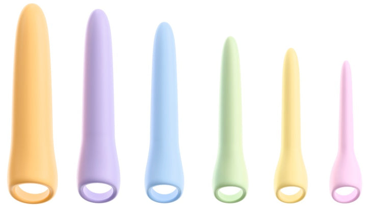 6-delt dildo set i silikone og PU til gradvis vaginal og anal tilvænning