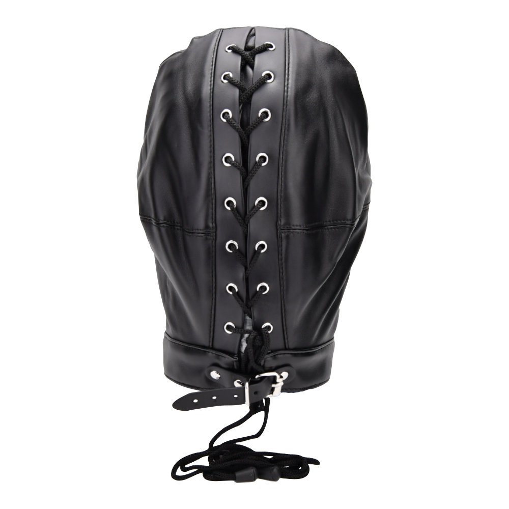 Sensory deprivation hood i læderlook til BDSM-leg