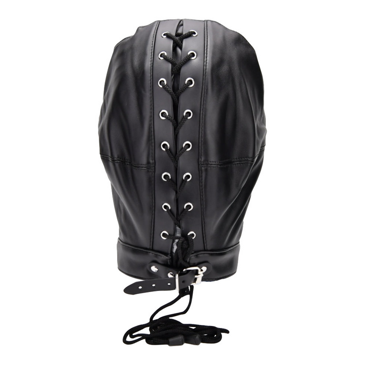 Sensory deprivation hood i læderlook til BDSM-leg