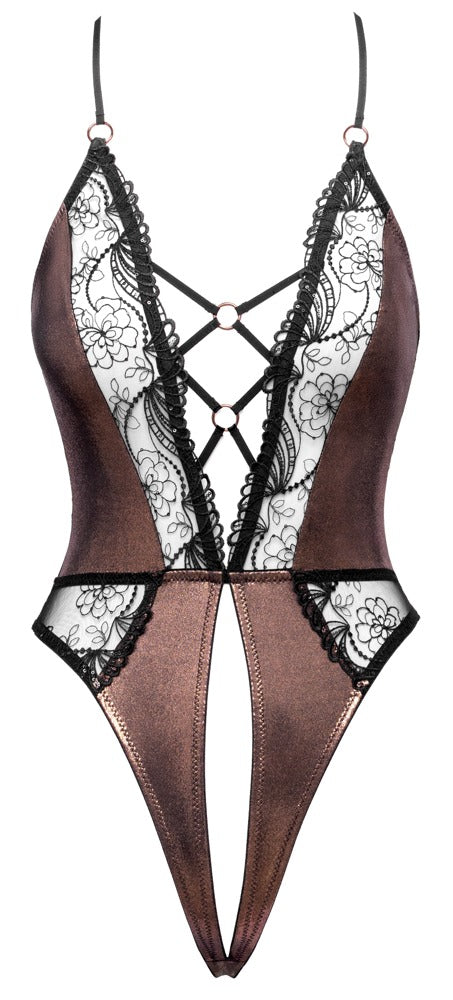 Kobberfarvet lingeri body med justerbare stropper og sort blonde