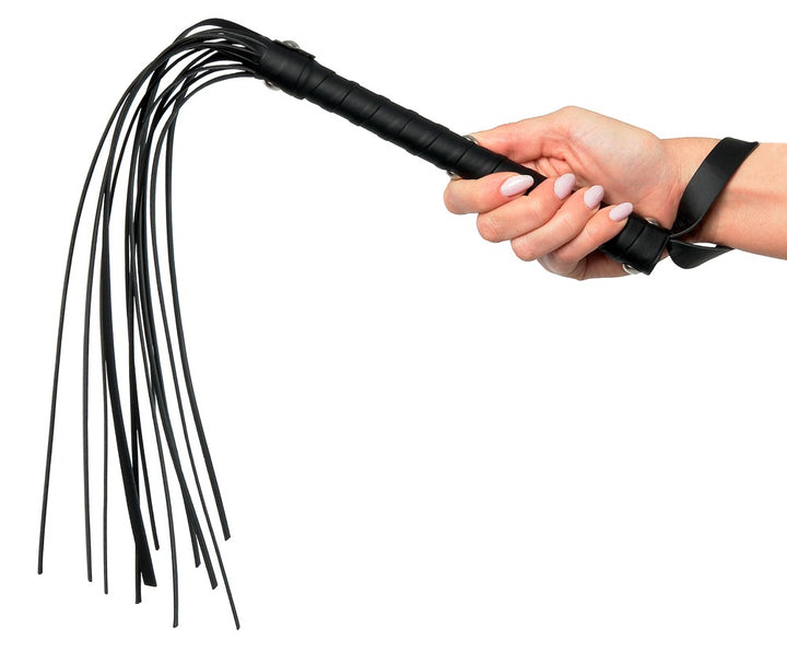 Sort BDSM flogger i læderlook med håndledsstrop