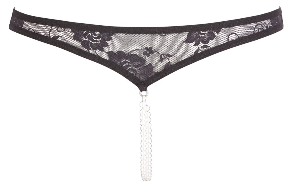 Nærbillede af blonde og perledetaljer på Cottelli-string