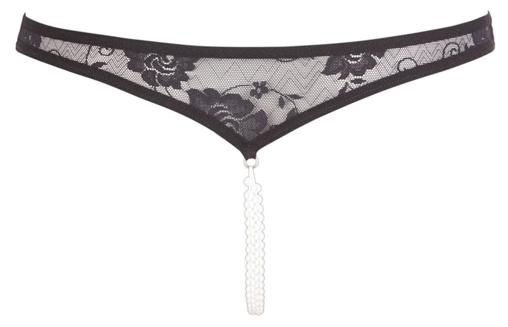 Nærbillede af blonde og perledetaljer på Cottelli-string
