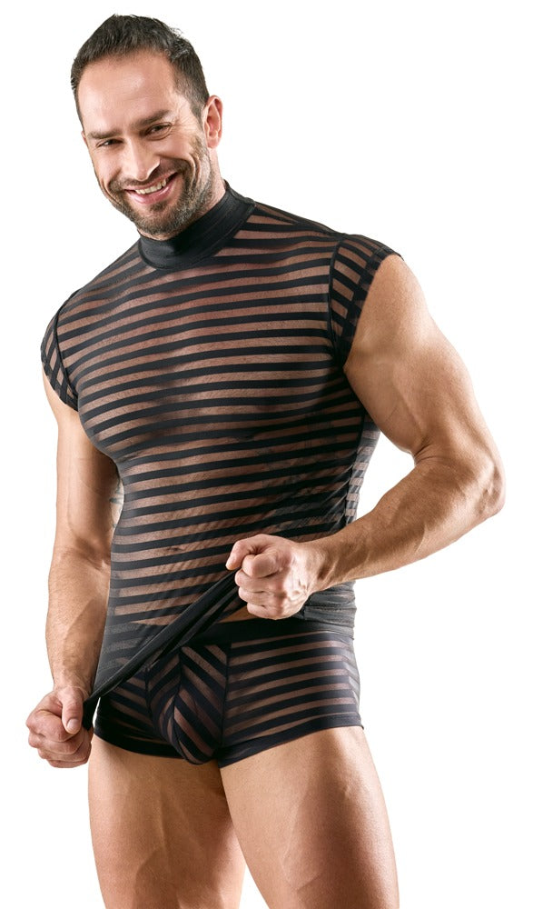 Sort mesh shirt til mænd med stand-up krave og korte ærmer