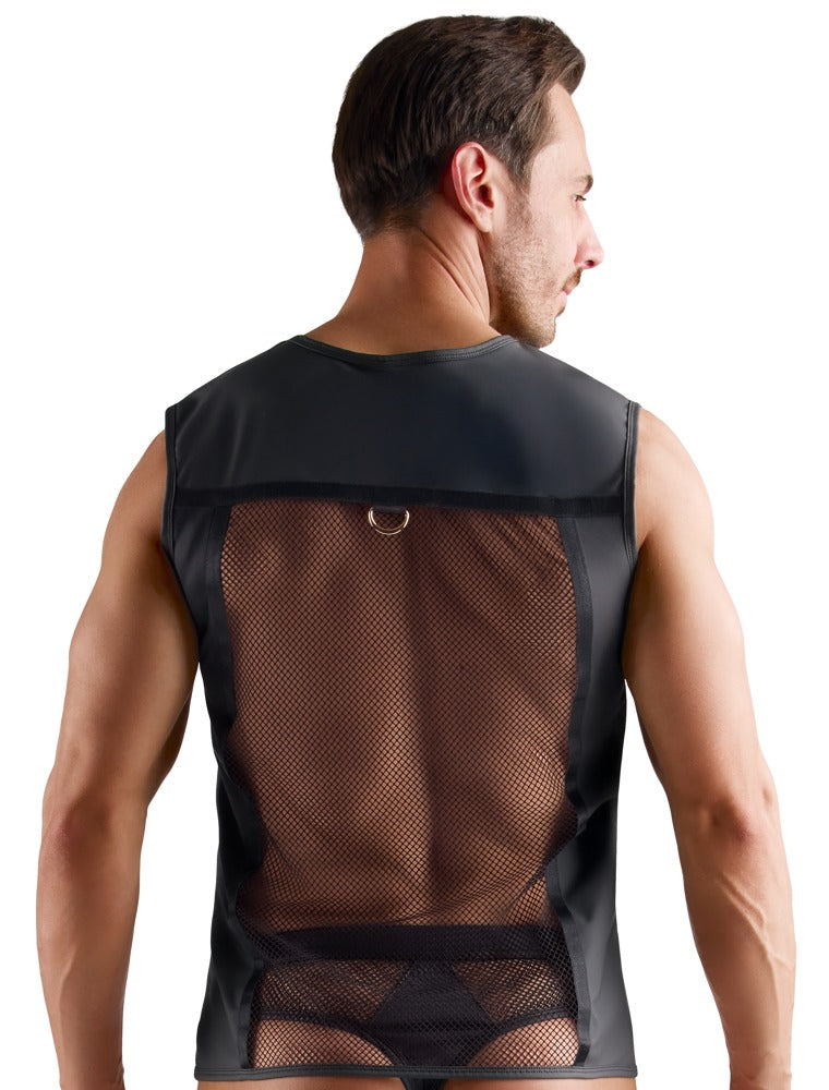Sort mesh shirt til mænd med moderne wetlook-detaljer