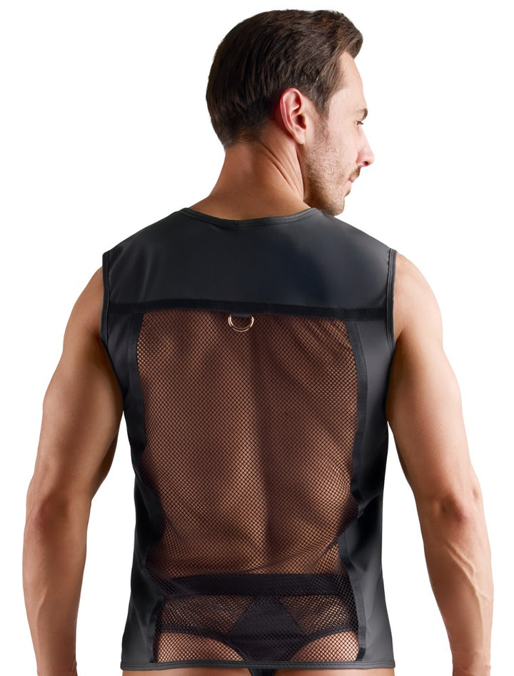 Sort mesh shirt til mænd med moderne wetlook-detaljer
