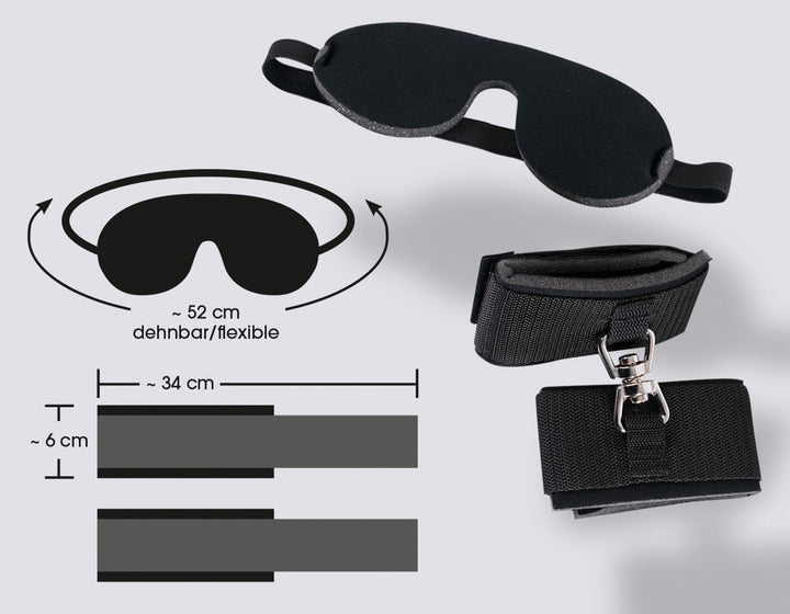 Sort blindfold og håndjern med forkromede metaldele