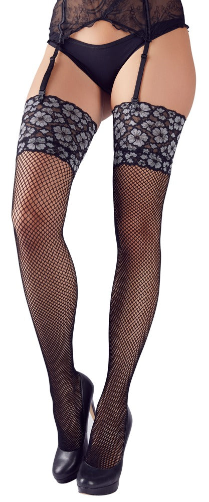 Sorte fishnet-strømper med cirka 12 cm bred blondekant