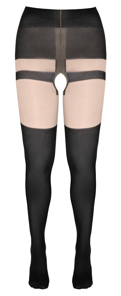Sorte strømpebukser med integreret trusse og stockings-look