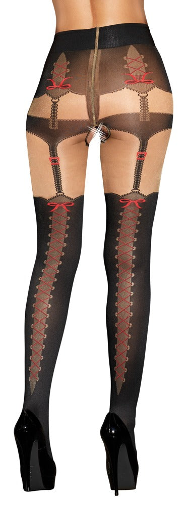 Sorte tights med røde dekorative snøredetaljer