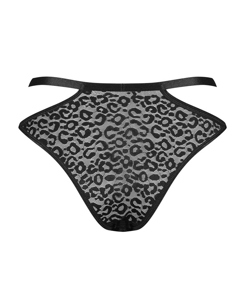 Sorte transparente trusser med geometriske stropper ved hofterne