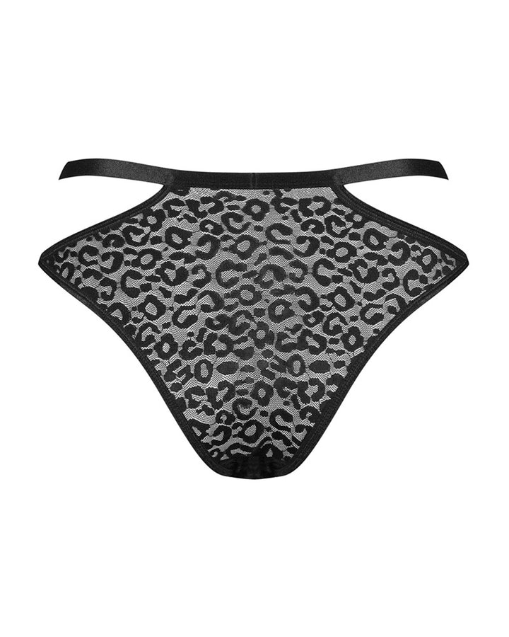 Sorte transparente trusser med geometriske stropper ved hofterne