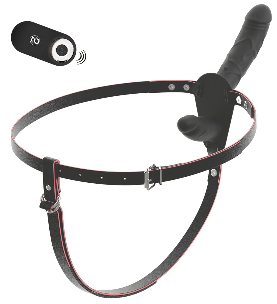 Justerbar strap-on thong i sort læderlook med dobbeltdildo