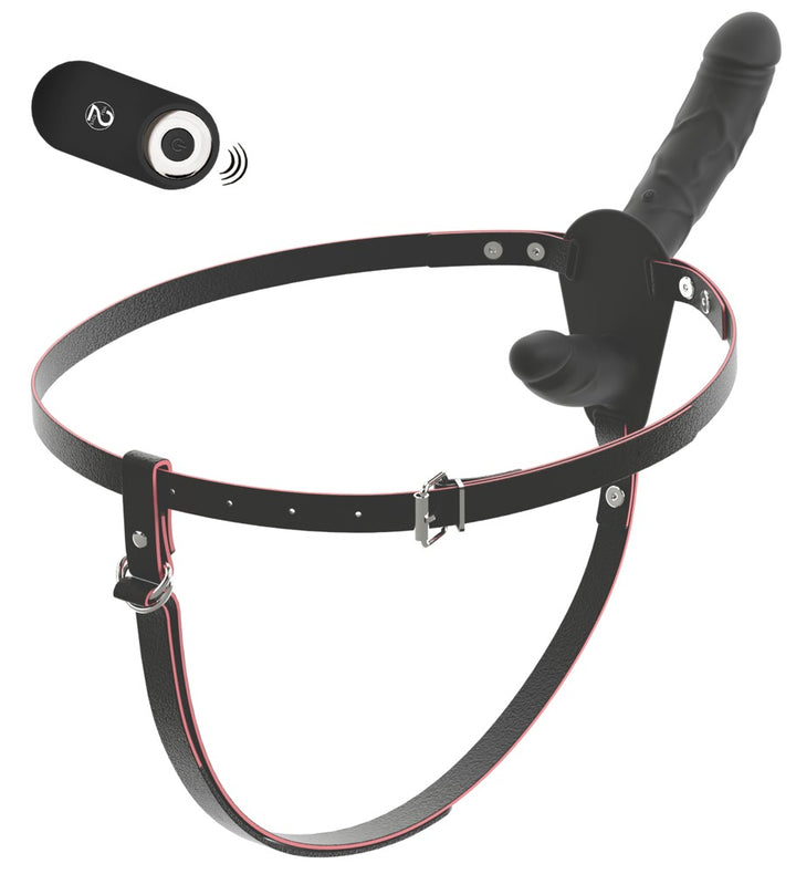Justerbar strap-on thong i sort læderlook med dobbeltdildo