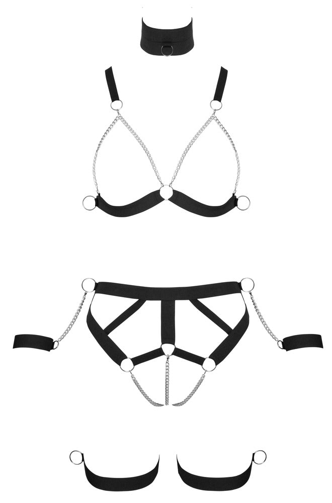 Sort harness-sæt med elastiske tekstilbeklædte stropper