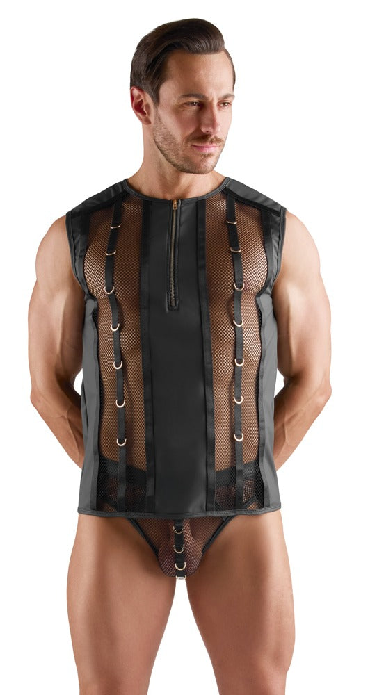 Svenjoyment ærmeløs netshirt i sort mesh med wetlook og guldringe
