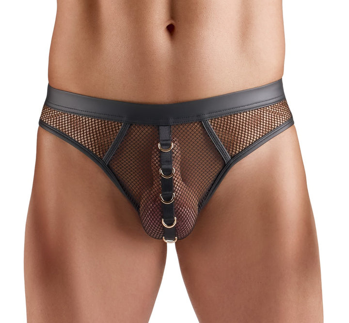 Svenjoyment sort net thong med wetlook-detaljer og guldfarvede ringe
