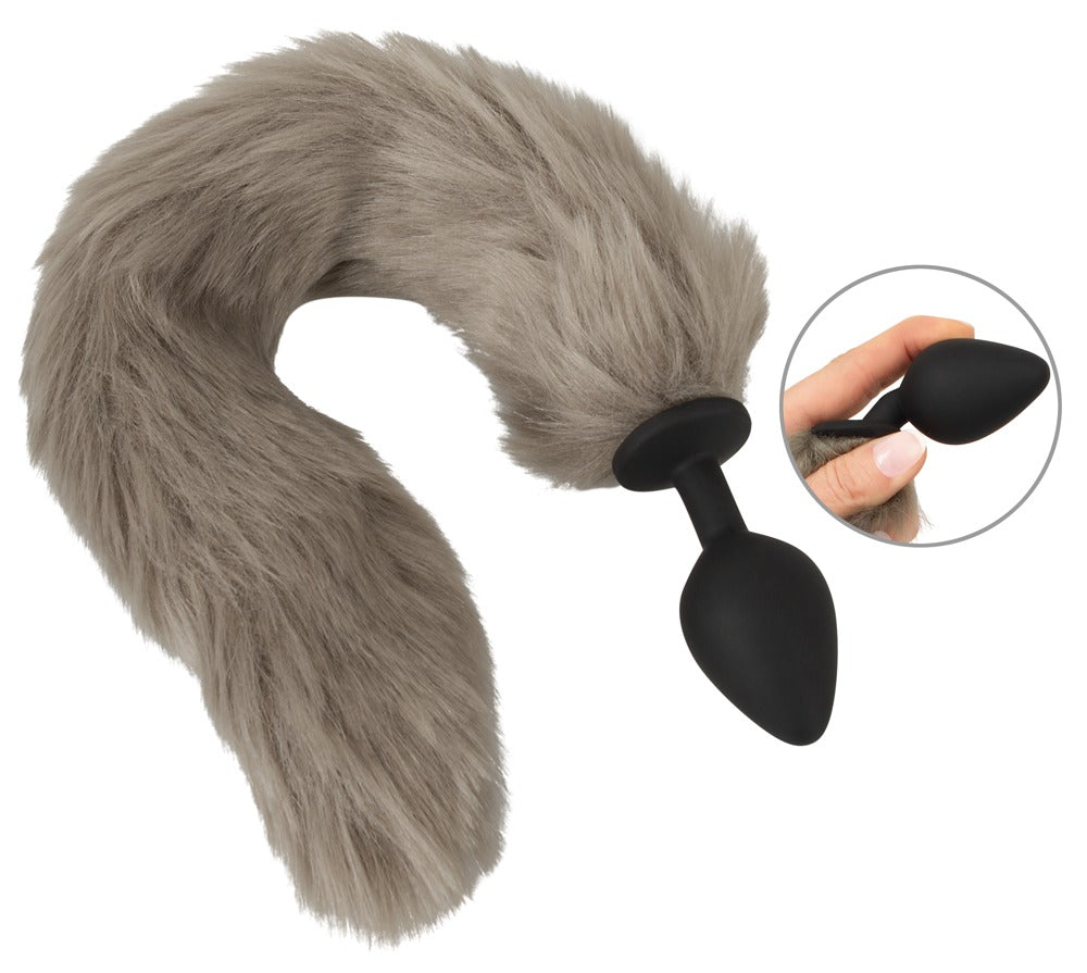 Tail plug i silikone med lang grå faux fur-hale