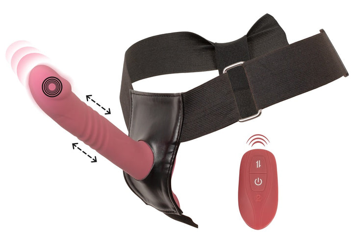 Fjernbetjent strap-on vibrator med 7 vibrationer og 3 stødintensiteter