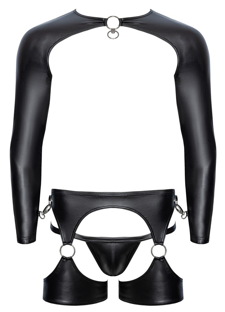 Tre-delt bondage-outfit til mænd i elastisk sort matte look
