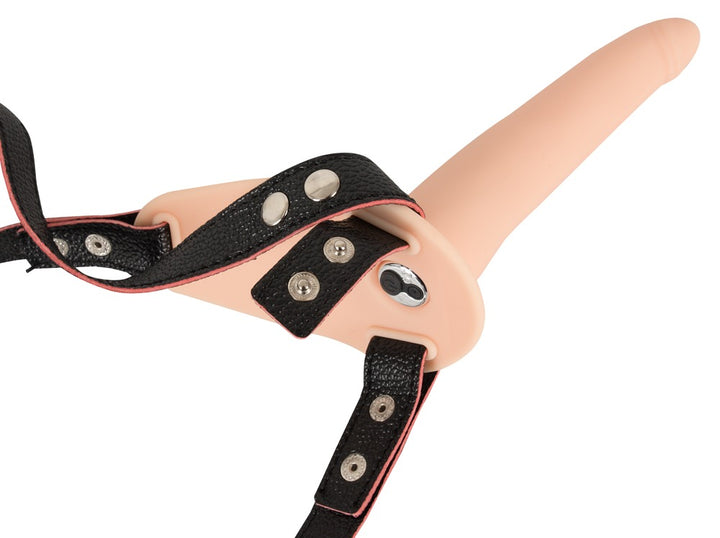 USB-opladelig strap-on dildo med aftagelig vibro-bullet