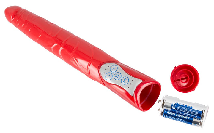 Rød TPE-vibrator med markeret glans og tydelige årer