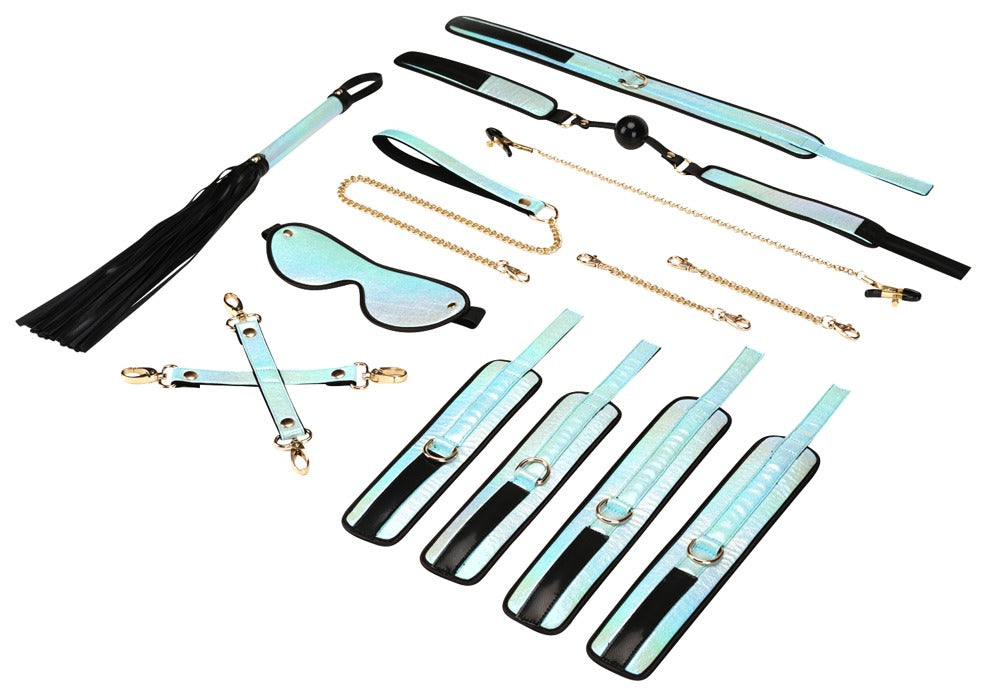 Blåt BDSM kit med håndmanchetter, ankelmanchetter, halsbånd og gag